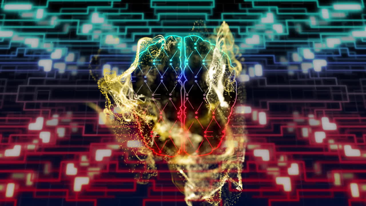 Animation of digital brain over neon shapes moving