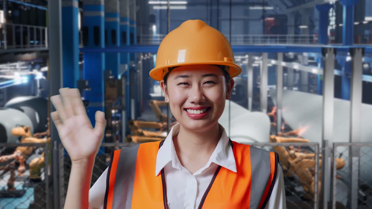 안전 헬을 입은 아시아 여성 엔지니어가 풍력 터빈 제조 공장에서 서서 카메라에 미소 짓고 로 팔이 작동하는 동안 작별 인사를 하고 손을 흔들고 있습니다.