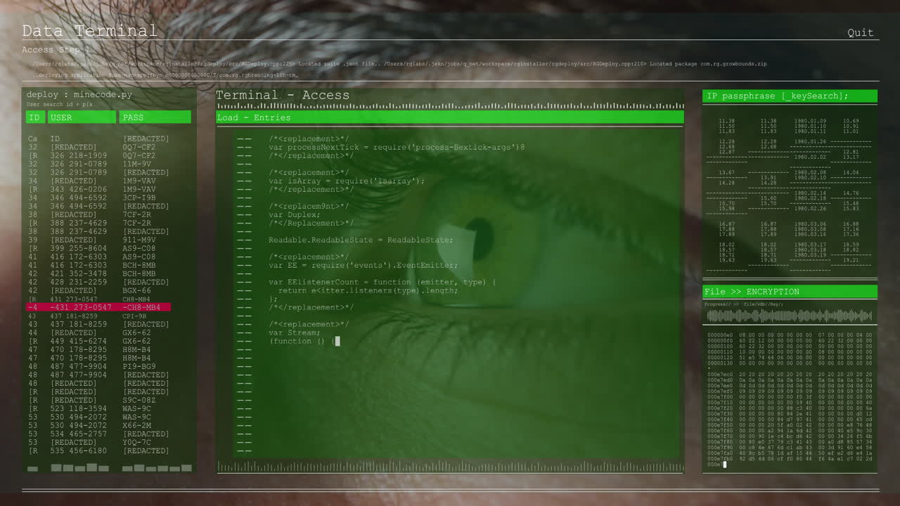 animación del procesamiento de datos en pantallas de computadora en primer plano del parpadeo del ojo del hombre