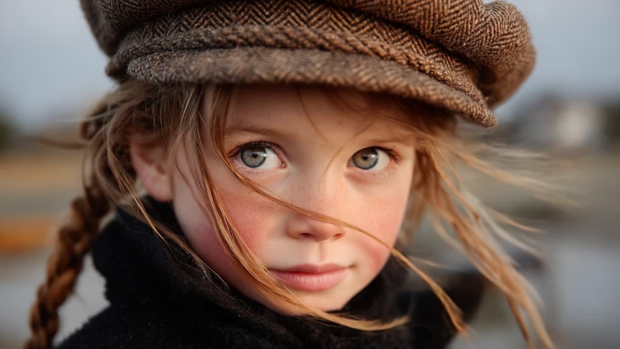 Capturing the Essence of Childhood: A Young Girl's Enigmatic Gaze in a Vintage Cap Surrounded by Nature's Beauty