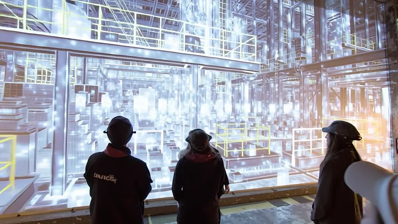 工場見学で没入型デジタルディスプレイを見る作業員