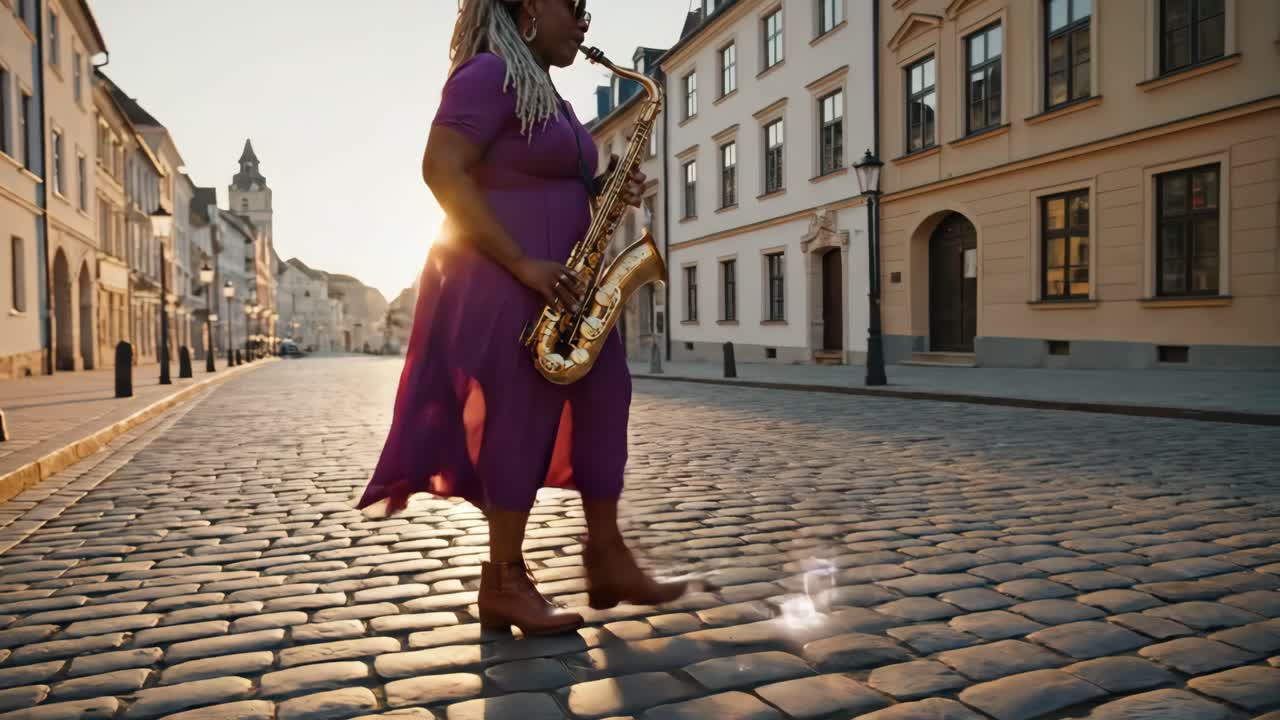 Woman Playing Saxophone on Cobblestone Street