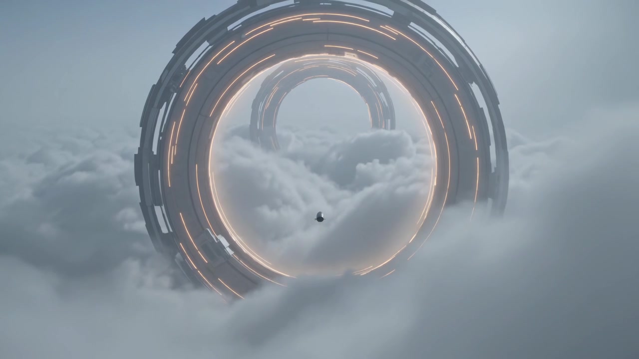 Approaching small pod moving toward glowing ring above cloud deck, clouds thinning revealing portal