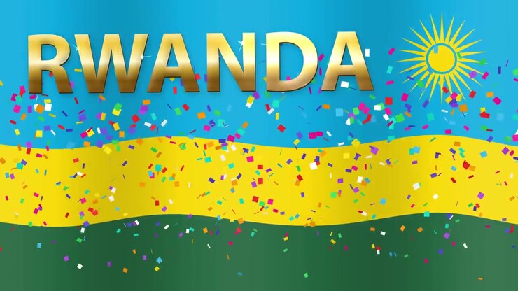 Hintergrund mit wehender Ruanda-Flagge, goldenem 3D-Text und bunten, fallenden Konfettipartikeln