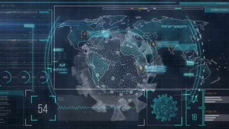 Animación-De-La-Célula-Covid-19-Sobre-El-Mapa-Mundial-De-Estadísticas-Y-Procesamiento-De-Datos