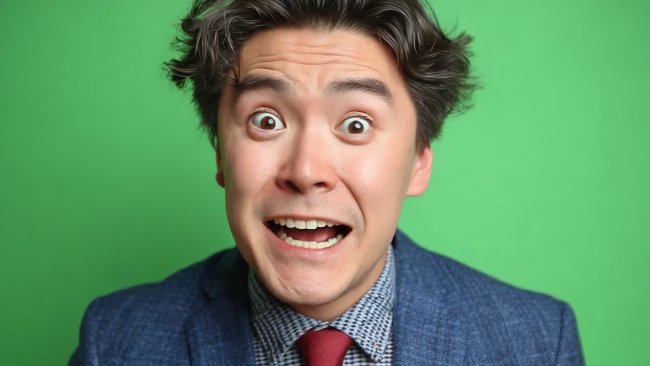 Espressione di un uomo stupito che passa dallo shock alla preoccupazione su uno sfondo verde vibrante in una sessione fotografica creativa.
