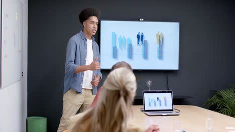 happy biracial casual businessman presenting to diverse colleagues at office meeting, slow motion