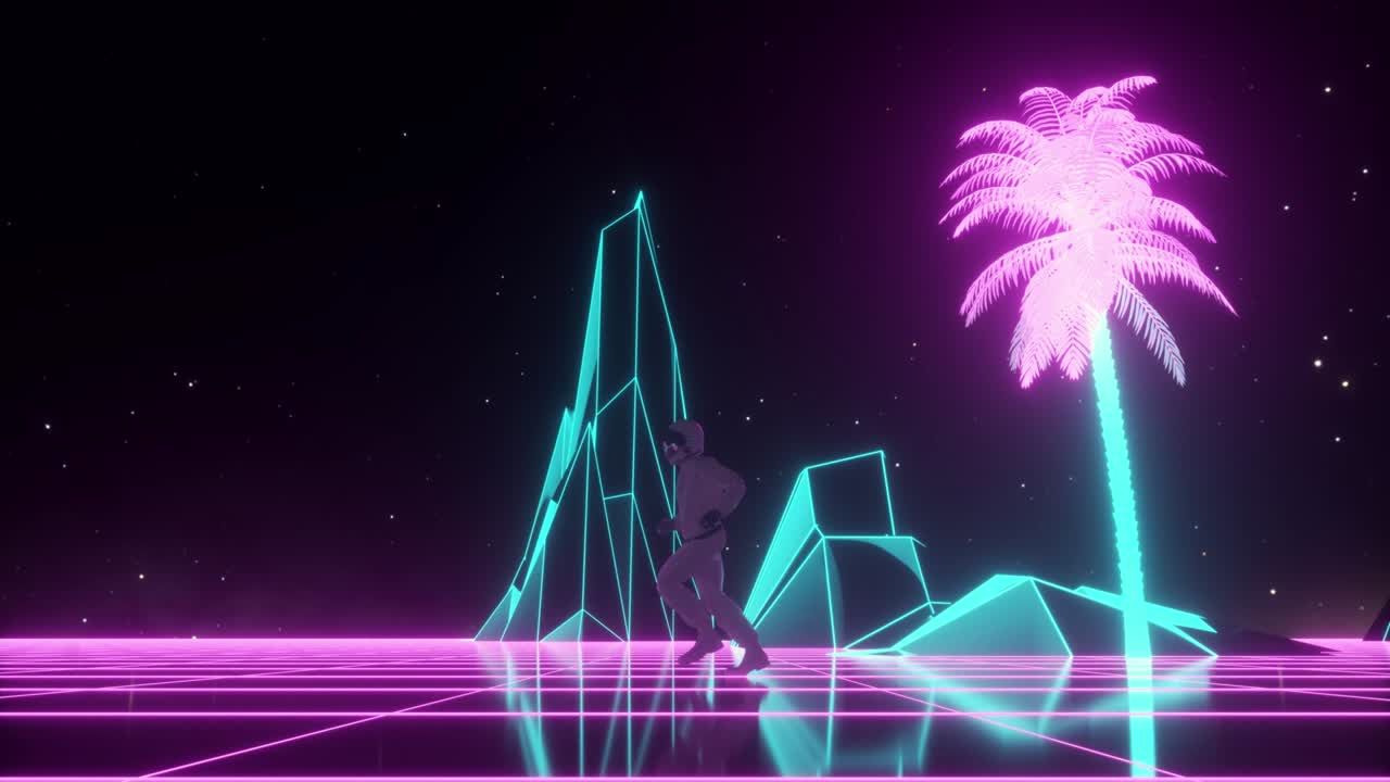 Astronaut runs surrounded by flashing neon lights. Music and nightclub concept. Retro 80s style synthwave background