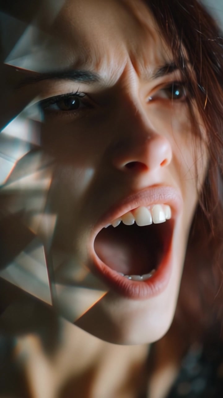 Esplorando le emozioni: un viaggio accattivante attraverso rabbia e vulnerabilità raffigurato dall'espressione potente di una donna dietro una luce frammentata