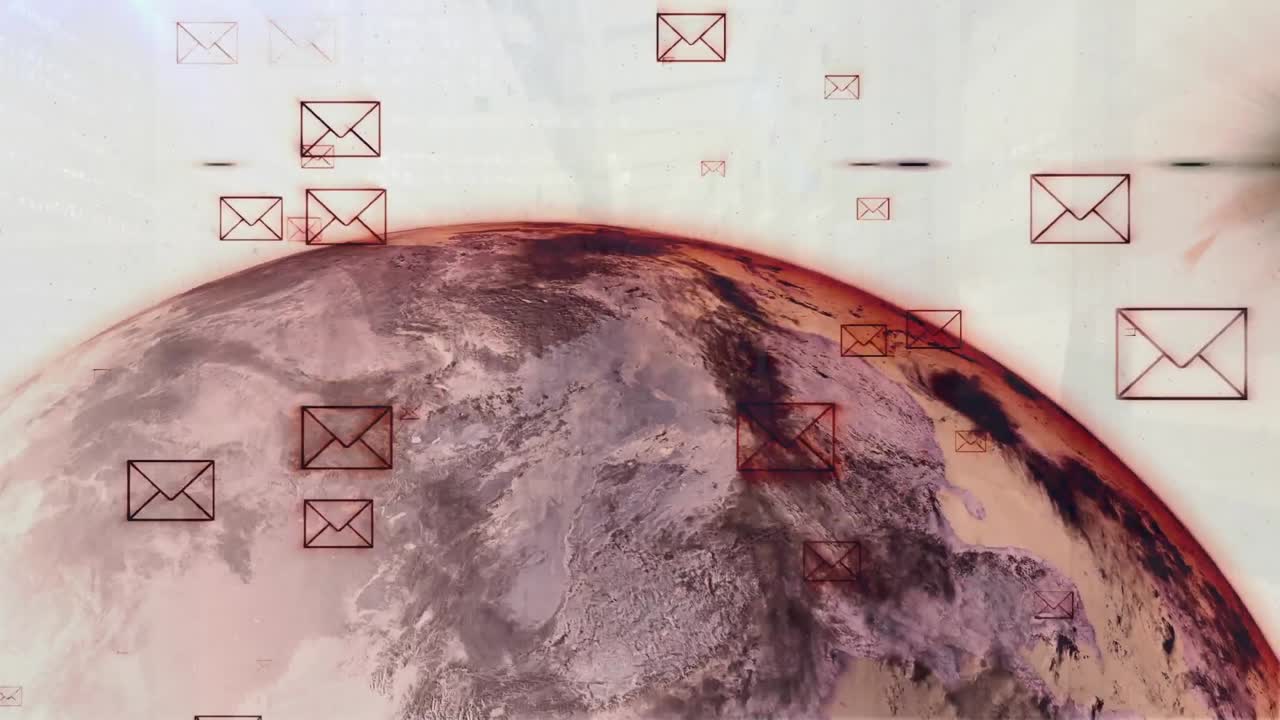 Animation of multiple message icons, data processing and light spot against spinning globe