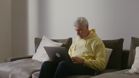 hombre mayor usando una computadora portátil en el sofá