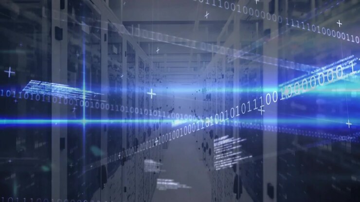 Thin blue light scan initiating binary streams, code panels crossing server aisle showing data flow