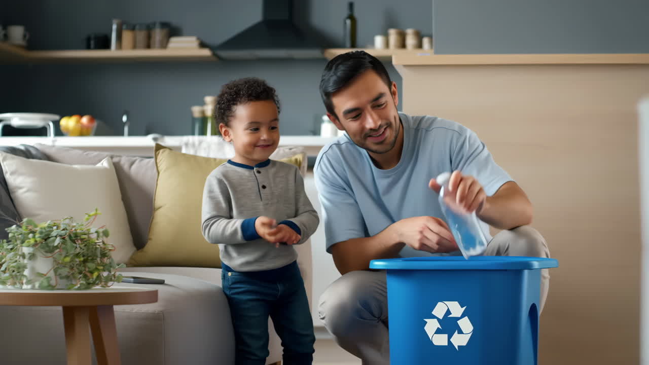 Father and son recycling plastic bottles at home