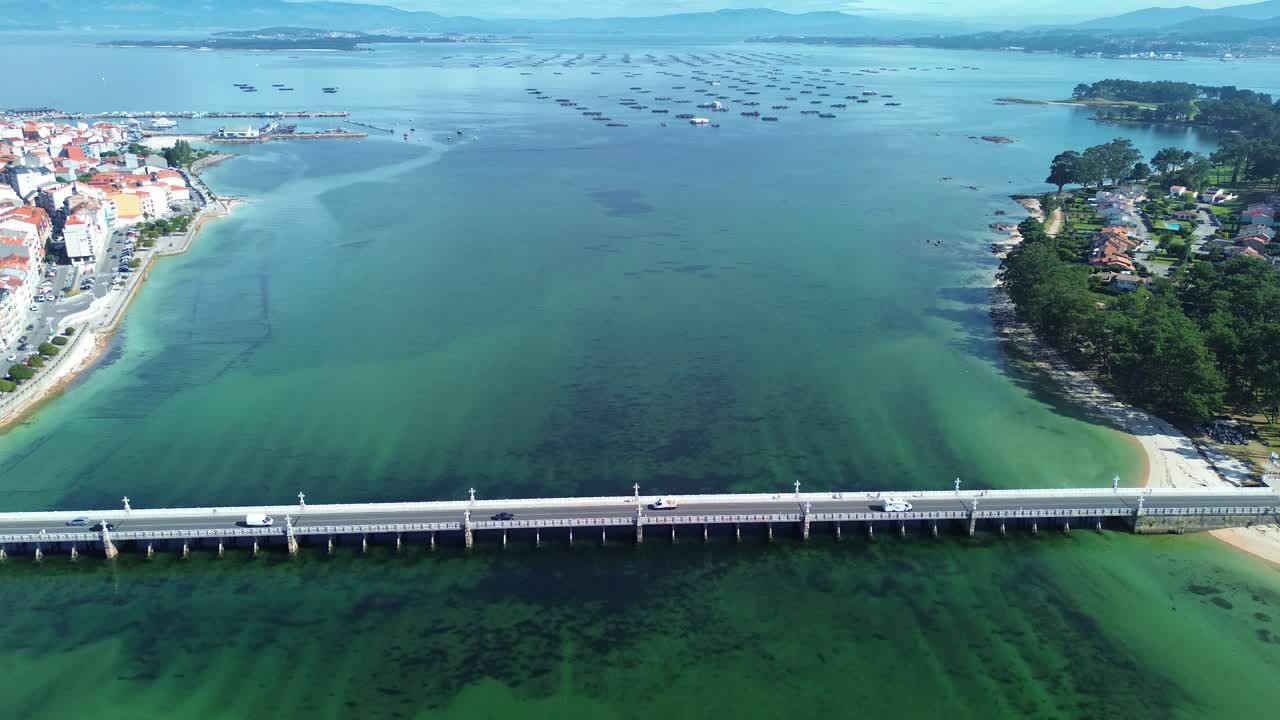 Aerial drone view of mussel rafts o the sea in Pontevedra, Spain