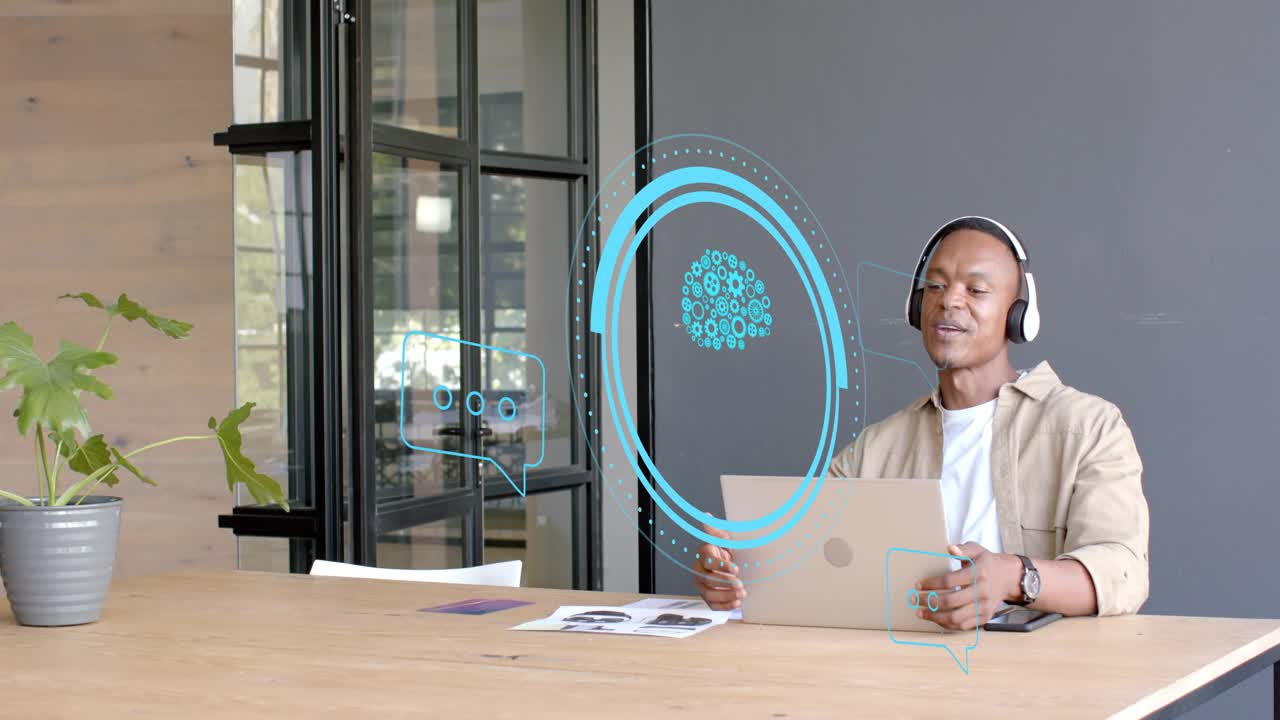 Man raising hands, activating blue brain and chat UI above laptop, manipulating for tech demo