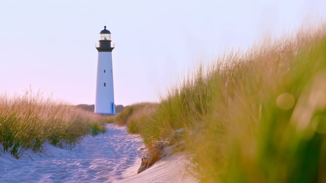 Faro immobile tra le dune della spiaggia con erba e cielo, con vegetazione naturale, texture della sabbia, da una prospettiva fissa a livello del suolo, dettagli nitidi.