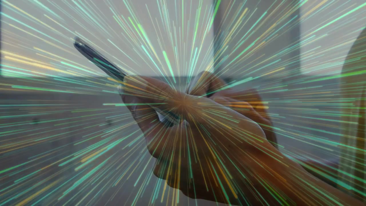 Hands manipulating smartphone, thumb tapping and initiating radial starburst overlay for tech demo