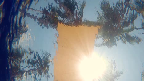 Palm-trees-viewed-from-inside-a-pool-under-the-water-ripples---Slow-Motion