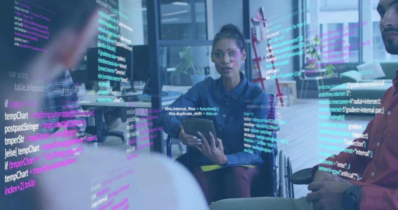 Diverse Business Team Discussing with Digital Code Overlay in Modern Office