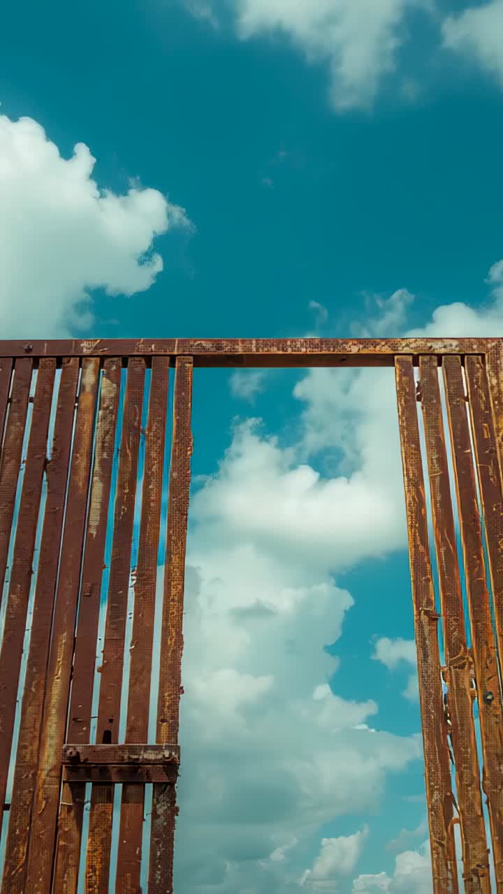 Vertical video: Starting camera tilting upward over rusty gate in field revealing latch, cloudy sky