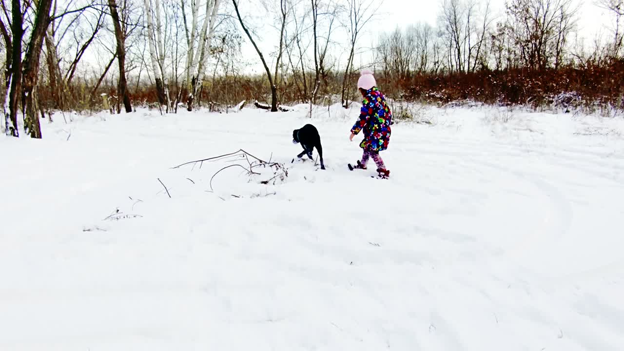 niña jugando con su labrador negro en la nieve