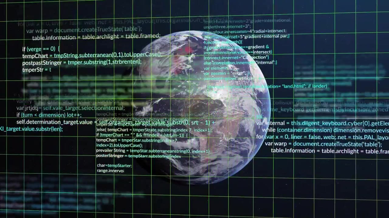 Green streak passing and starting code streams while globe rotating slowly, showing data overlays
