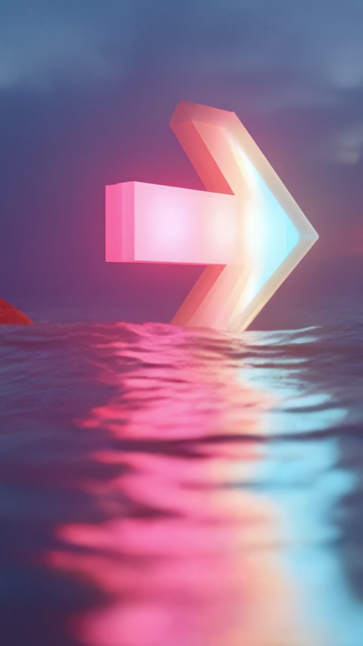 A Vibrant Neon Arrow Illuminates the Water Surface, Reflecting Colorful Light in a Serene and Dreamy Atmosphere, Guiding Thoughts Towards New Directions