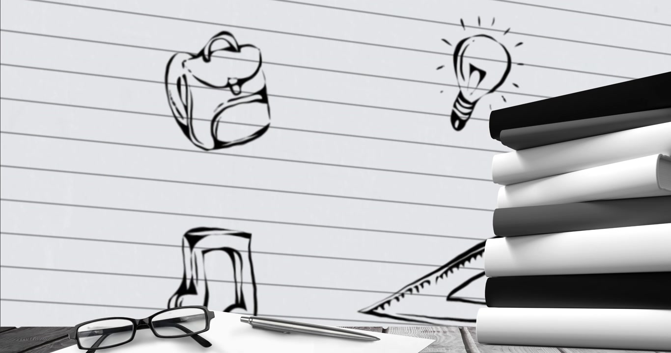 Animation of spectacles and pen on book over multiple icons against paper in background