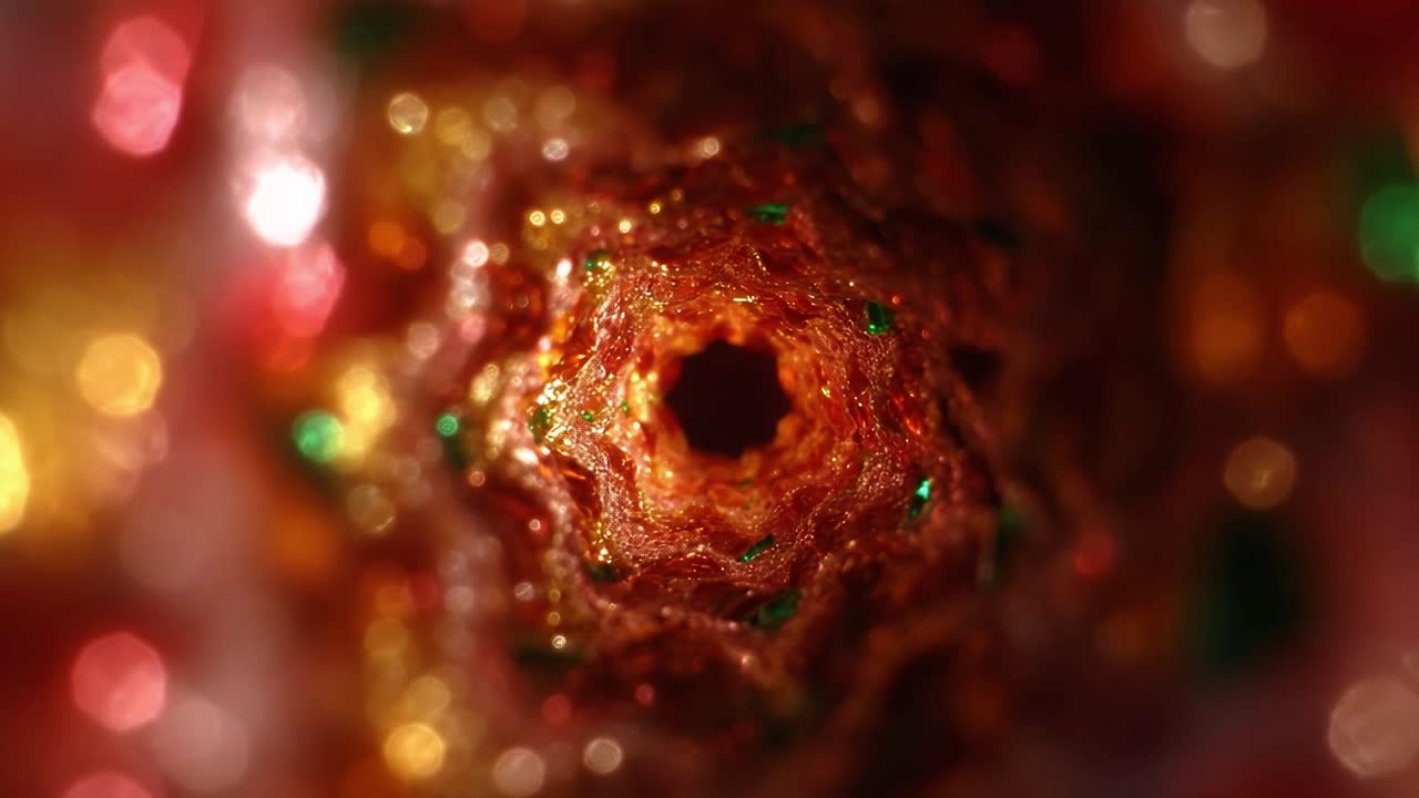 Captivating Abstract View of a Spiral Structure Illuminated by Colorful Glittering Particles, Highlighting Depth and Intricate Textures in a Vivid Display