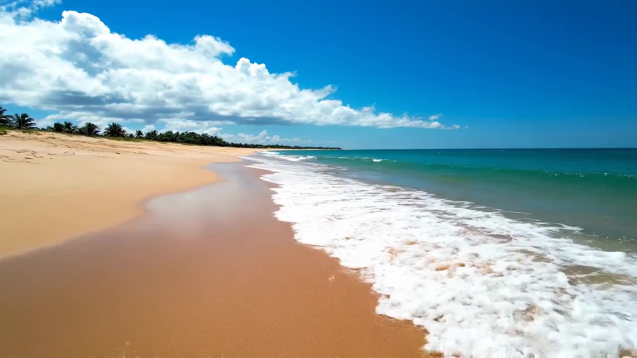 Ondas Quebrando em uma Praia Tropical Intocada com Palmeiras