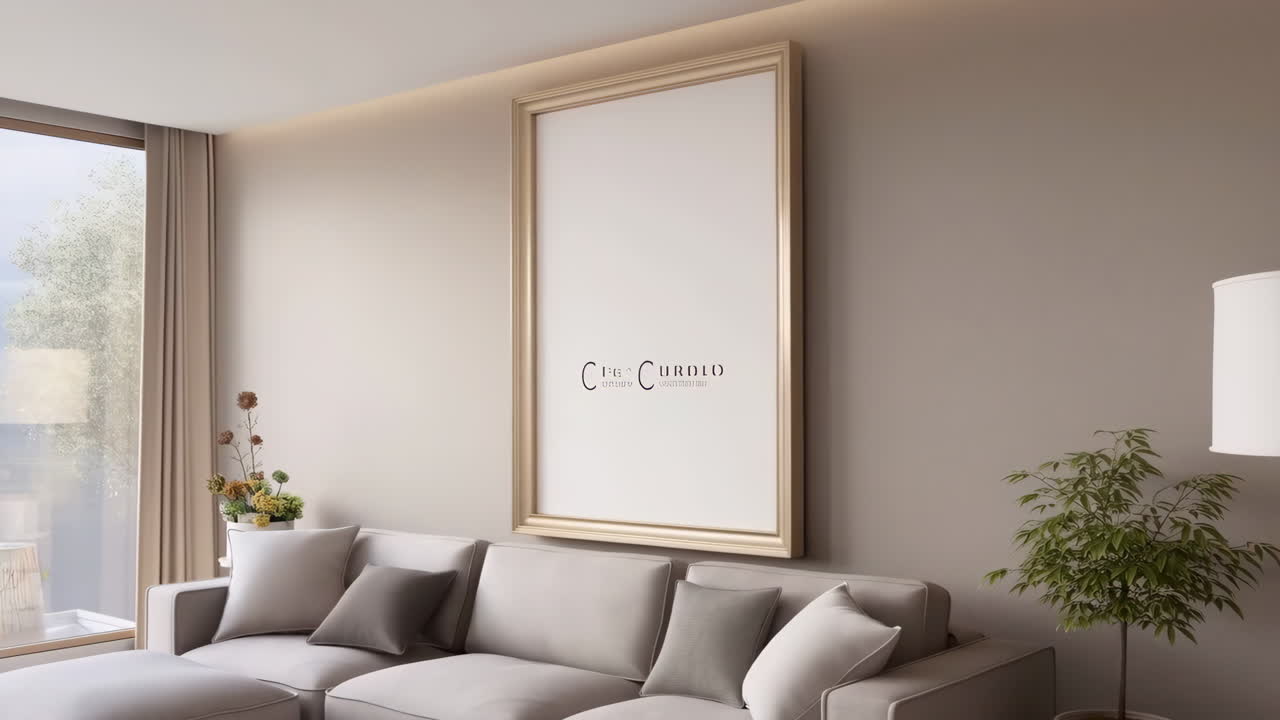 Modern Living Room Interior with Large Blank Framed Art Mockup
