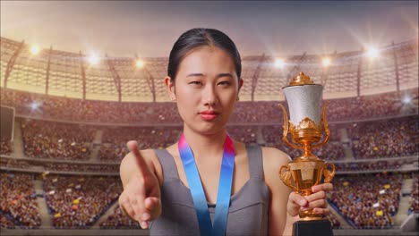 atleta rechazando un trofeo en un estadio