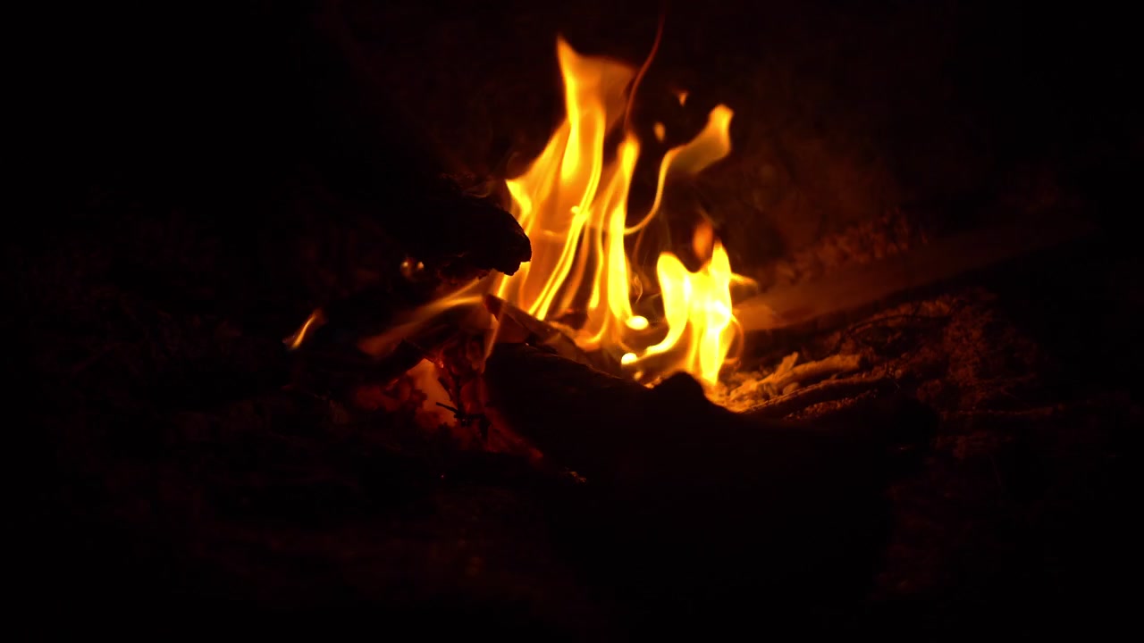 Gece kamp ateşinde yanan odunların 4K videosu