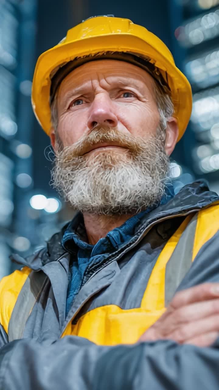 A Determined Construction Worker Showcasing Skill and Experience in Urban Environment, Highlighting Resilience, Focus, and Professionalism Under City Lights