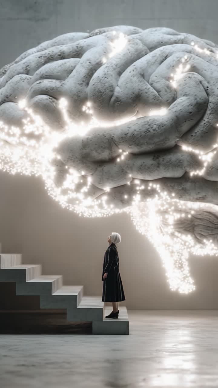 Una scena accattivante di arte digitale che presenta una figura umana che guarda verso l'alto una grande struttura cerebrale illuminata, simboleggiando ispirazione e creatività in un ambiente moderno.