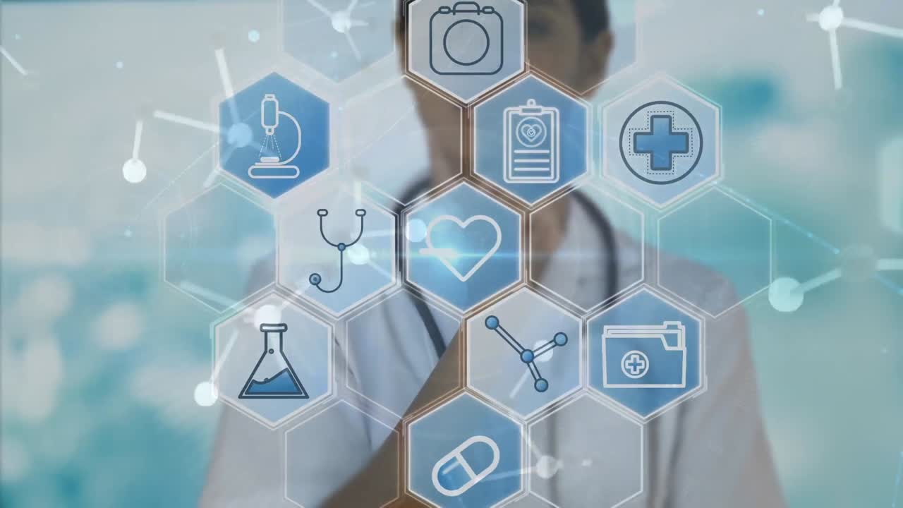 두 인종의 여성 의사에 대한 의학 아이콘과 분자의 애니메이션