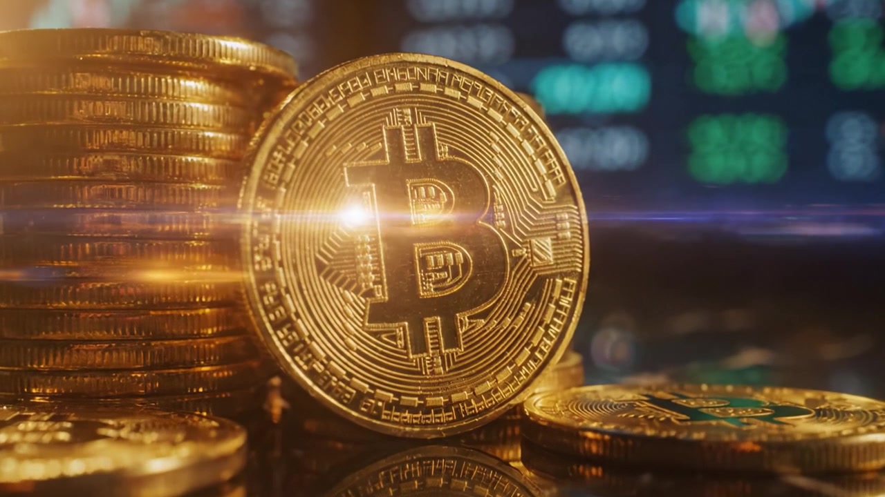 Un primo piano di monete di criptovaluta Bitcoin impilate su uno sfondo di mercato digitale, che dimostra investimenti finanziari e tendenze.