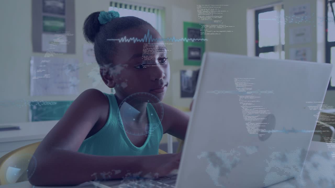 Pupil typing on laptop creating waveform code globe overlays across screen, face for education