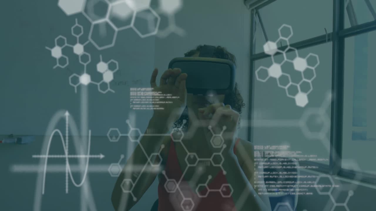 화학 화합물의 애니메이션과 vr 헤드 ⁇ 을 착용한 여성에 대한 의료 데이터 처리
