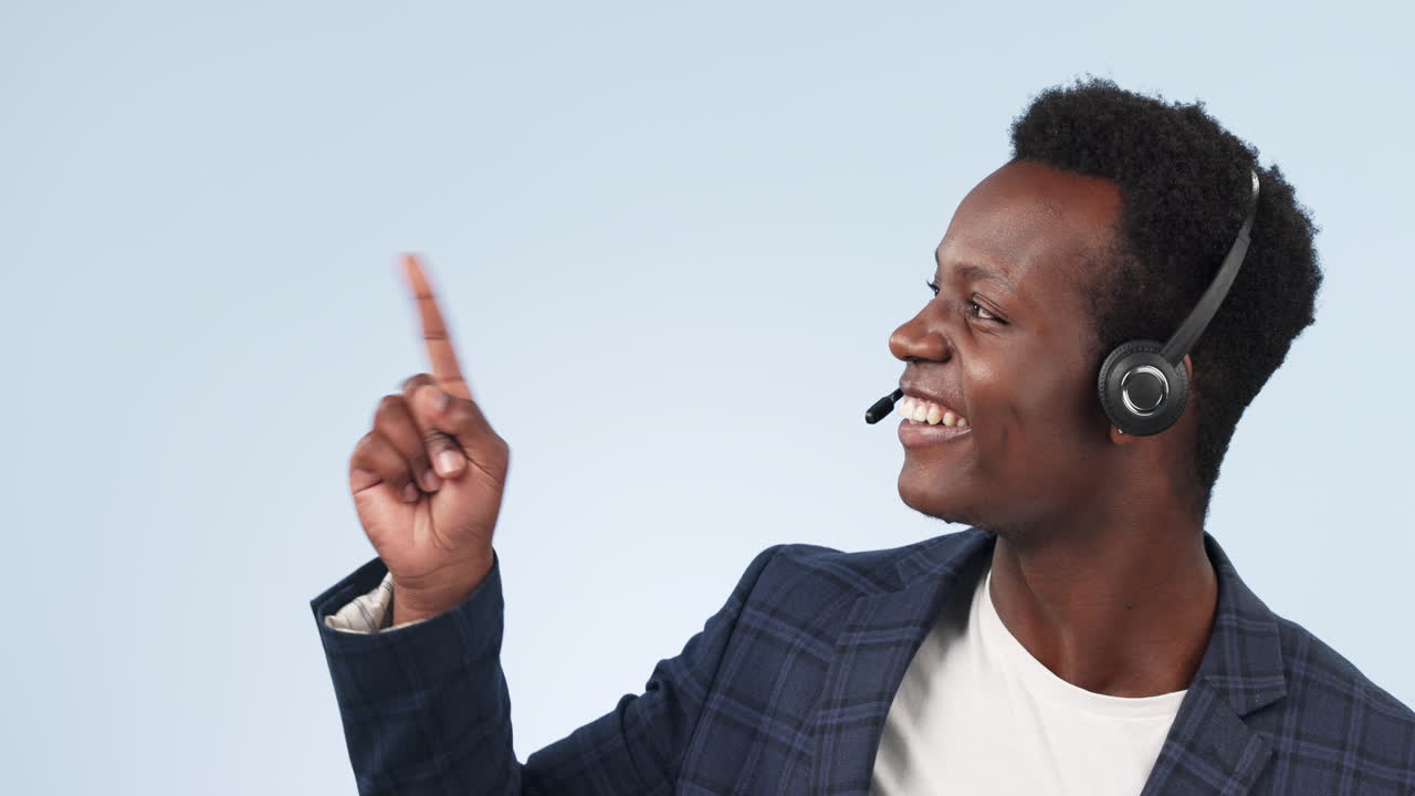 Black man, face and thinking with idea in call
