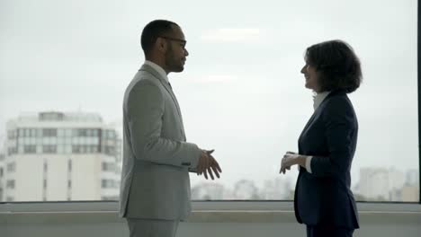 Two-smiling-business-colleagues-talking-near-window