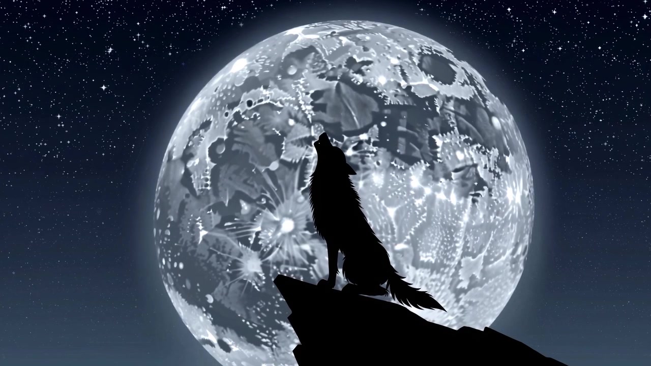 Silhouette di un lupo che ulula alla luna piena in una notte stellata
