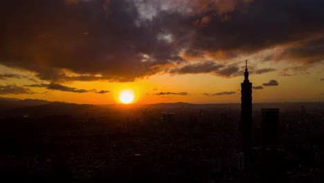 sunset sun light taipei tower cityscape downtown aerial panorama 4k timelapse taiwan