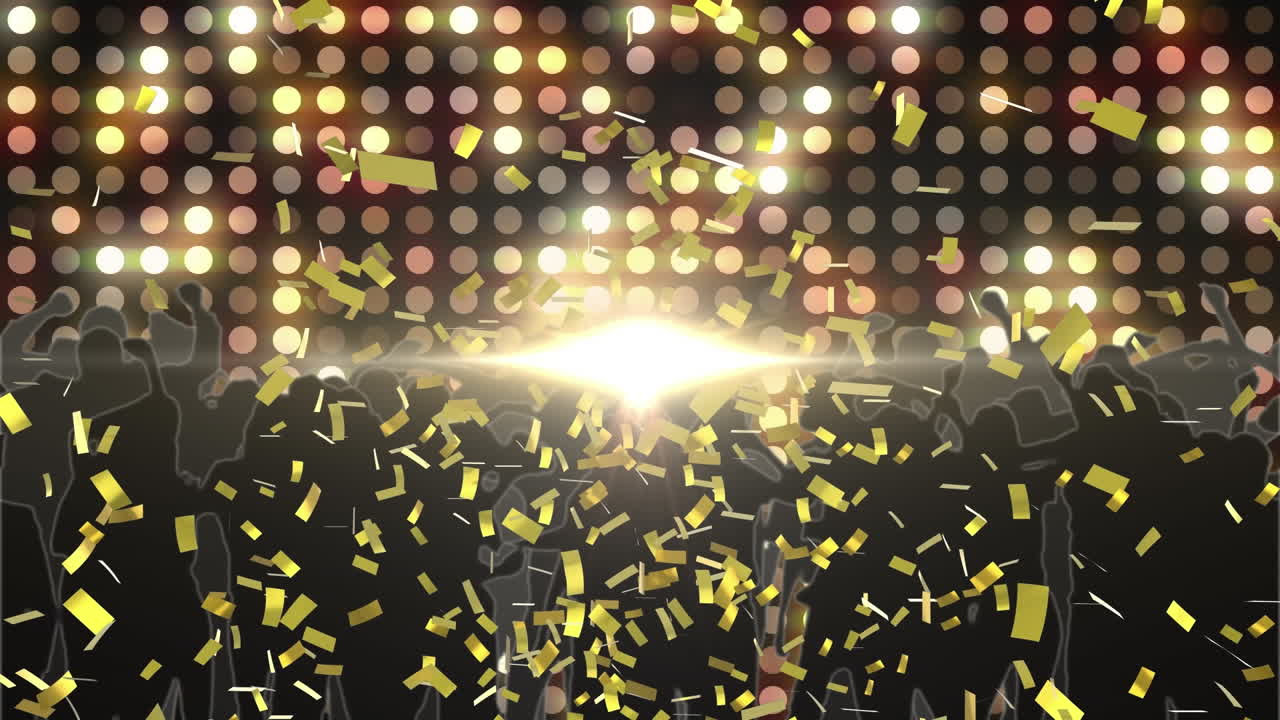 ⁇ 박이는 오렌지색 불빛과 스포트라이트로 춤추는 군중 위에 떨어지는 금색 콘페티의 애니메이션