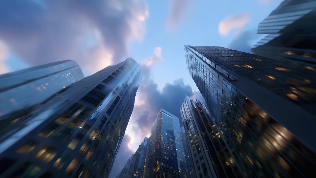 Uno skyline spettacolare al crepuscolo: grattacieli che brillano sotto un cielo nuvoloso con accenni di luce crepuscolare riflessa nelle facciate lucenti dell'architettura urbana