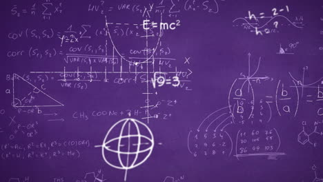fórmulas matemáticas animadas y símbolos en púrpura para la educación.