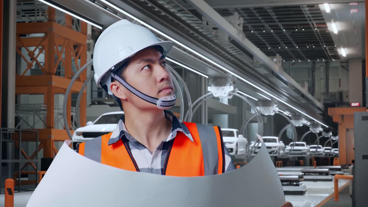 安全ヘルメットをかぶったアジア人の男性エンジニアが手にブループリントを見てev自動車工場に立っている間周りを見回しています