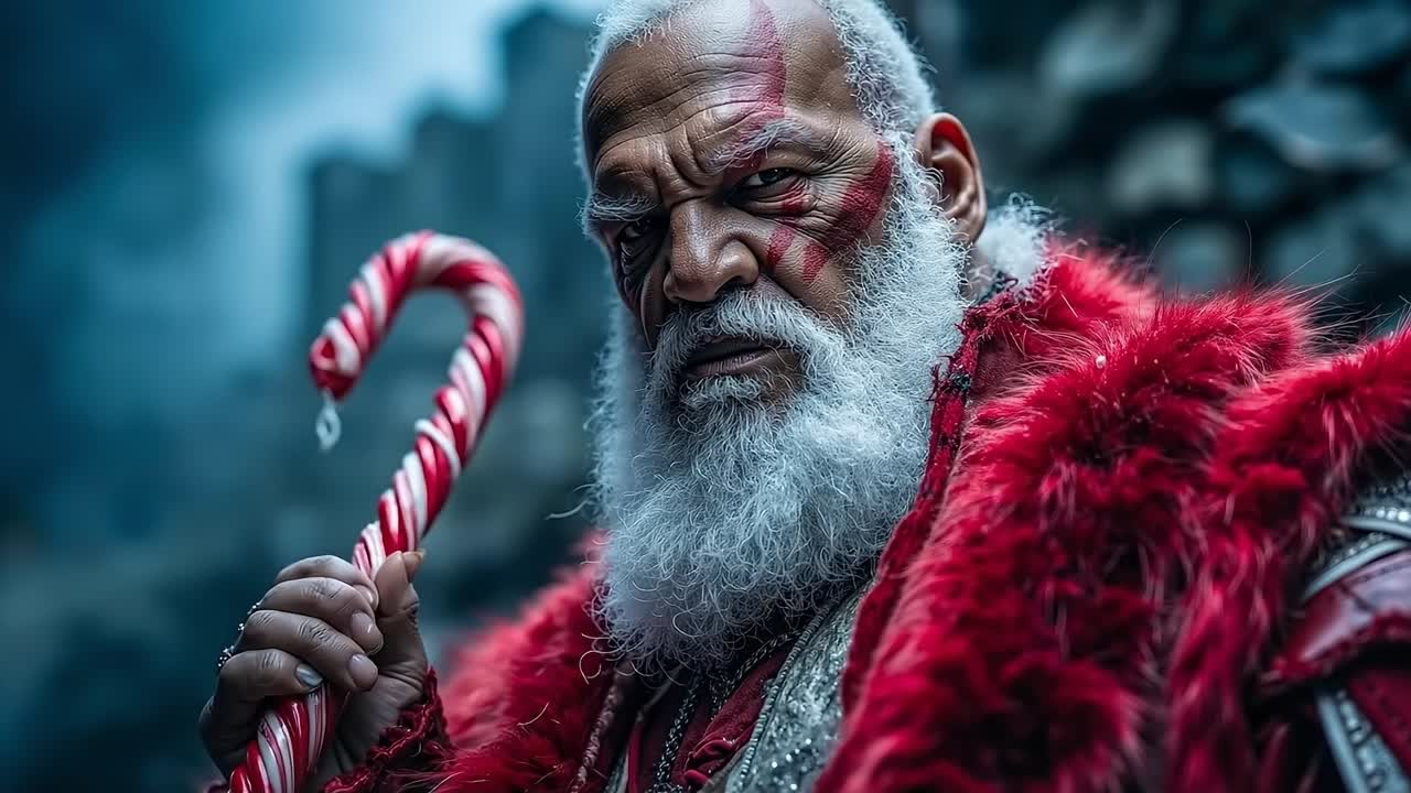 A man with a long white beard holding a candy cane