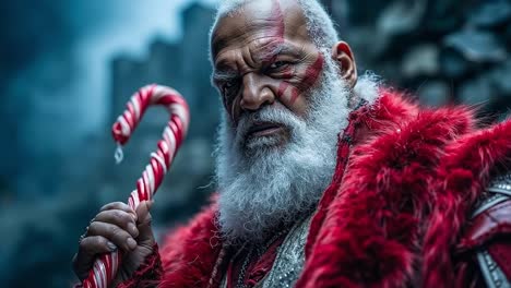 A man with a long white beard holding a candy cane