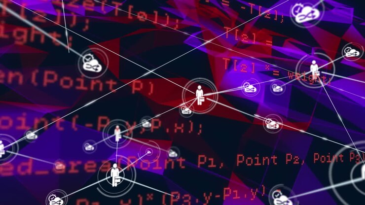 Animation of a network of people and cloud icons with information and purple shapes on black